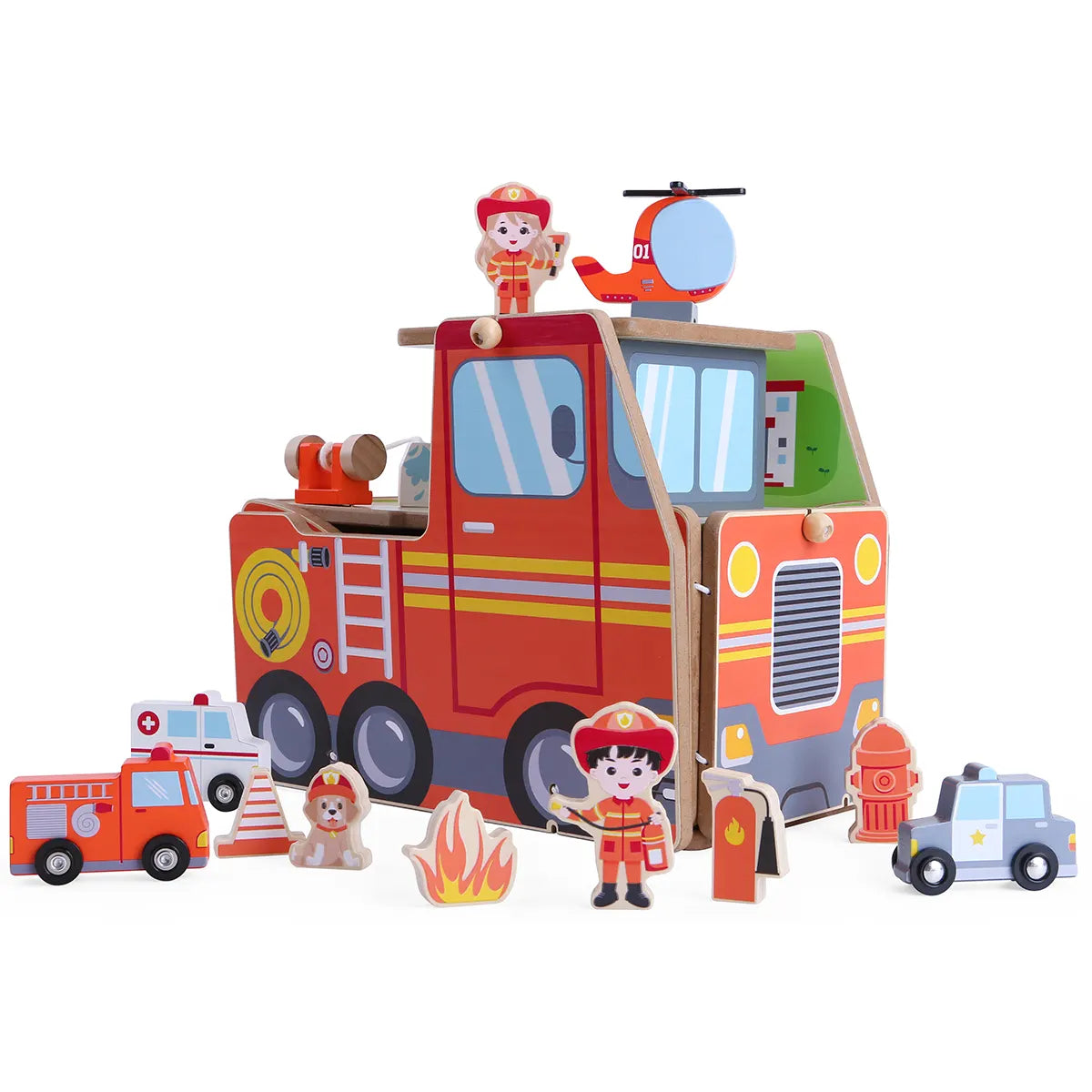 Wooden Fire Truck Parking Set - Kiddy Zone