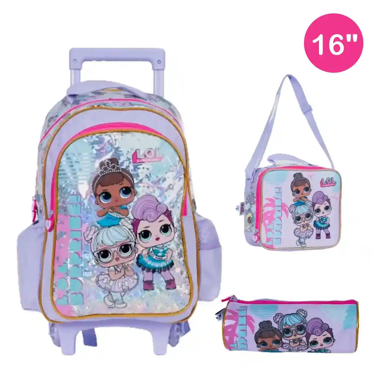 LOL Trolley Bag 2 Main Compartments and 2 Side Pockets 16 W/ LUNCH BAG& PENCIL CASE