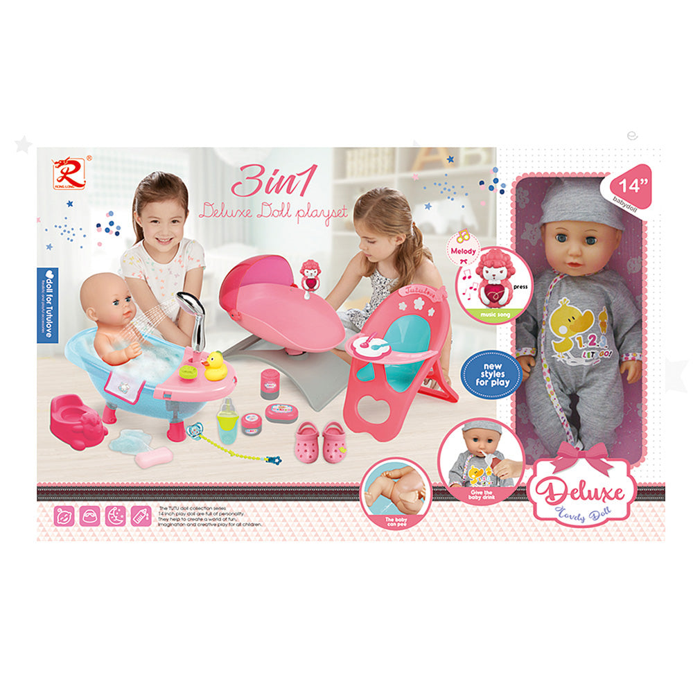 TUTU 3-IN-1 DELUXE DOLL PLAYSET 14" WITH ACCESSORIES (GREY) - Kiddy Zone