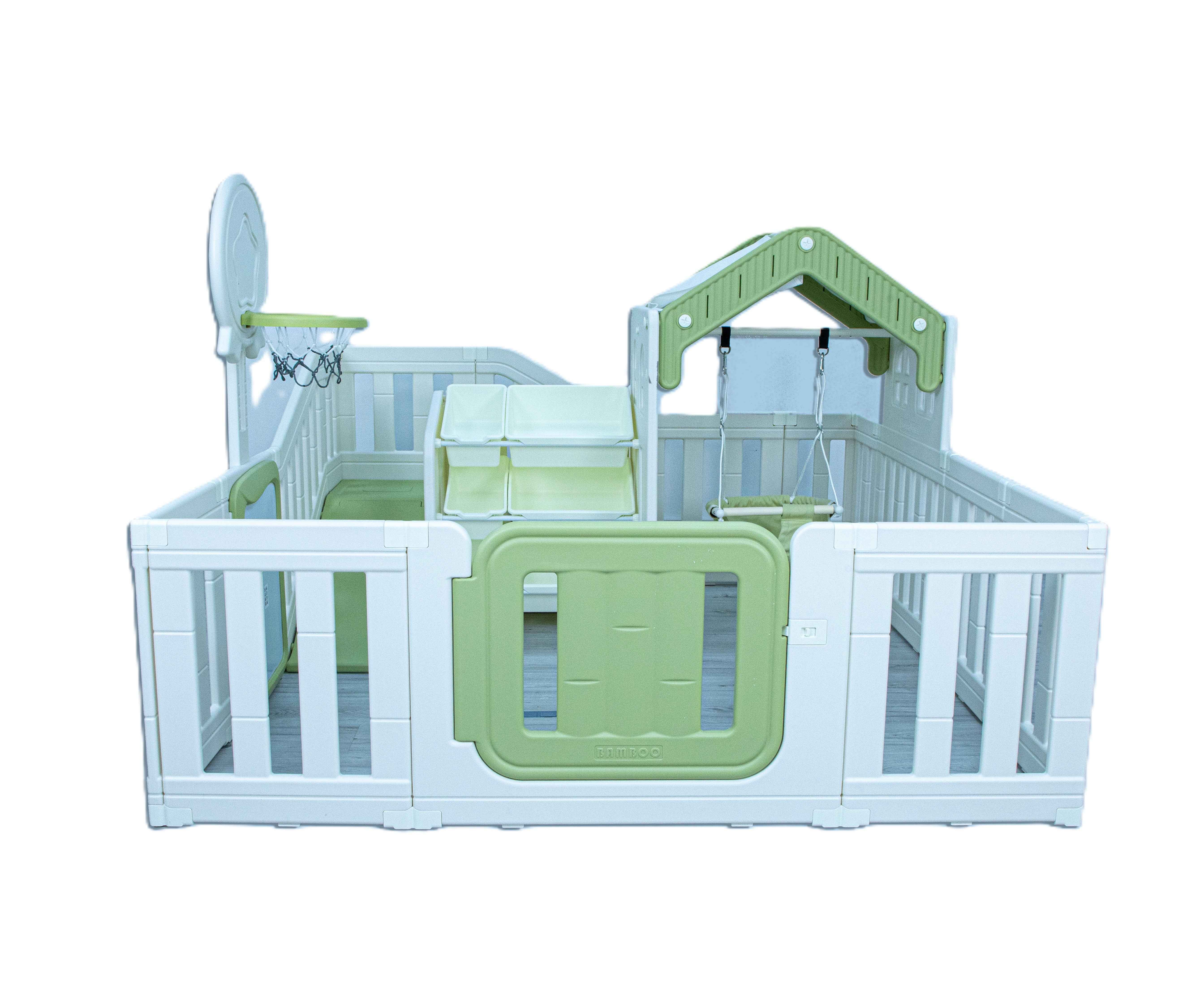 Little Toddler Amusement Park With Kids' Playhouse, Slide, Basketball Hoop - Storage Bins -Mint Green - Off White