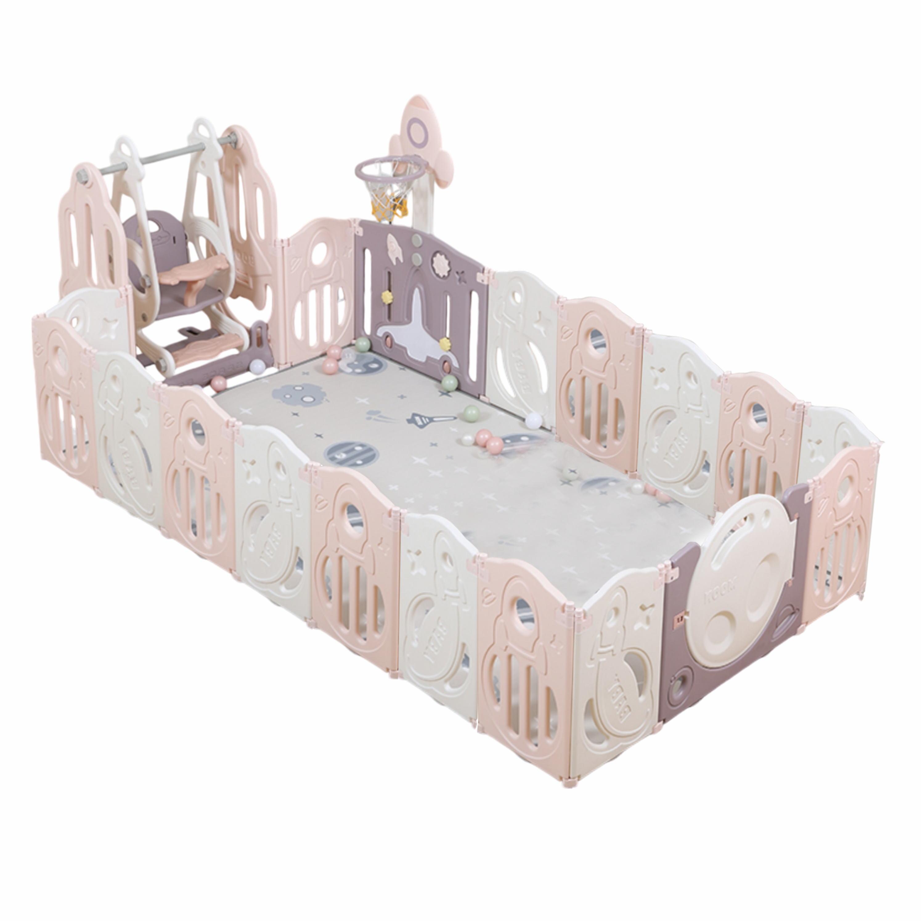 Foldable Playpen 16 Simple Panel, 1 Game Panel, 1 Door, 1 Basketball Hoop, 1 Swing