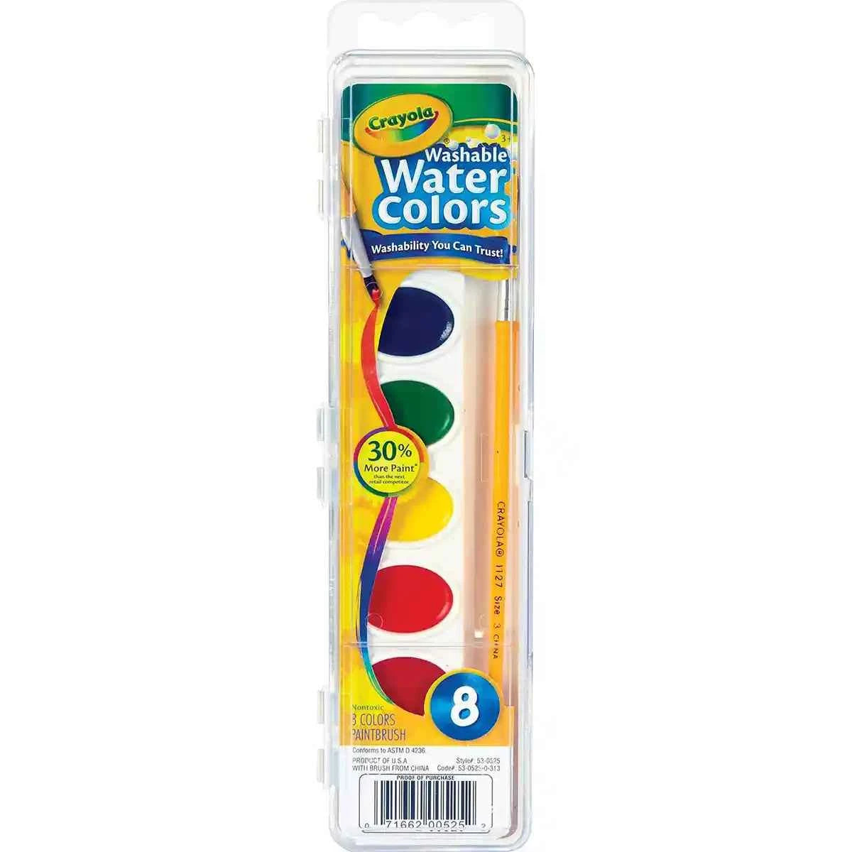 8 ct. Washable Watercolor Pans with Plastic Handled Brush