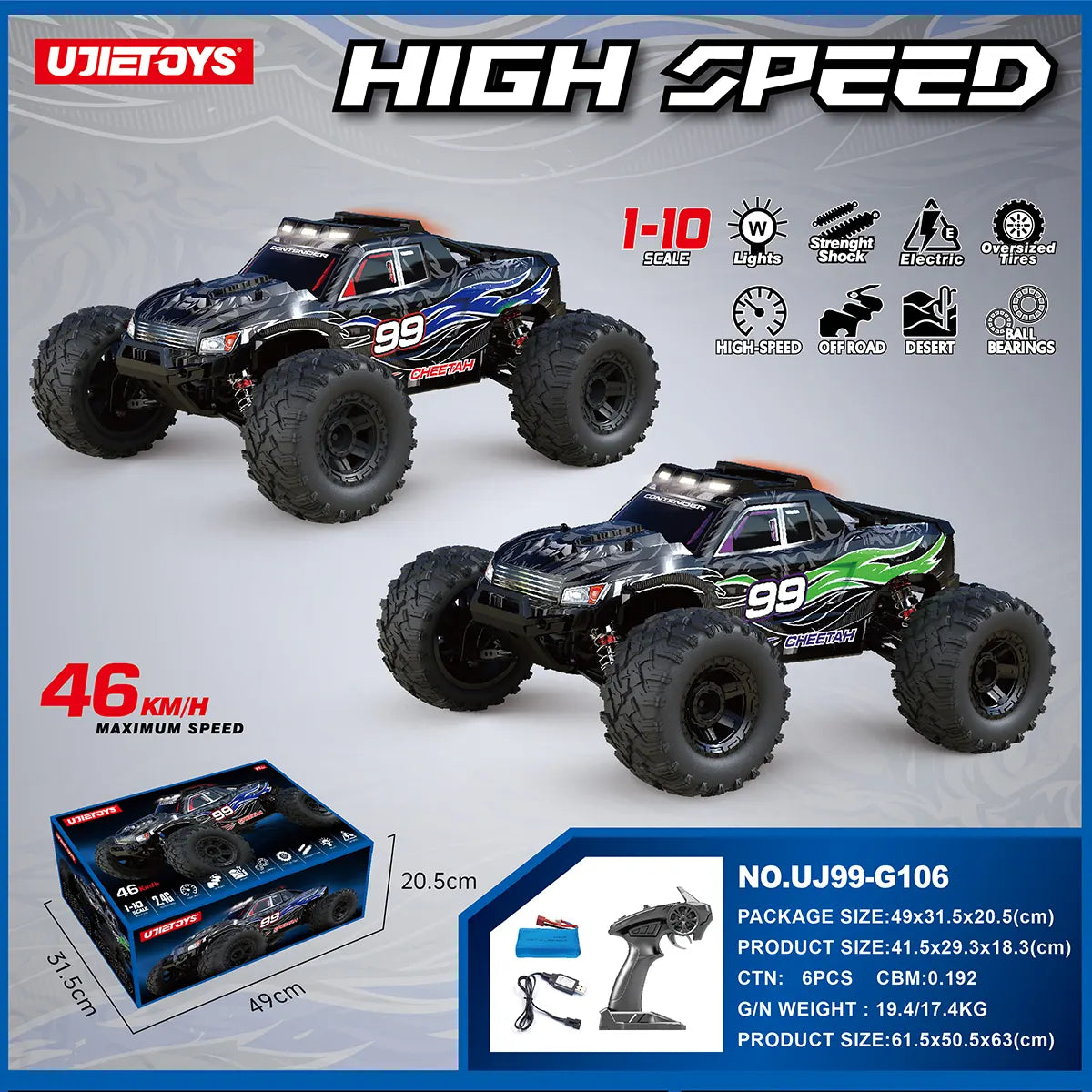 R/C 1:10 Four-Wheel Cheetah High Speed Car-46km/H (With Lights) (Including Power) 14y+