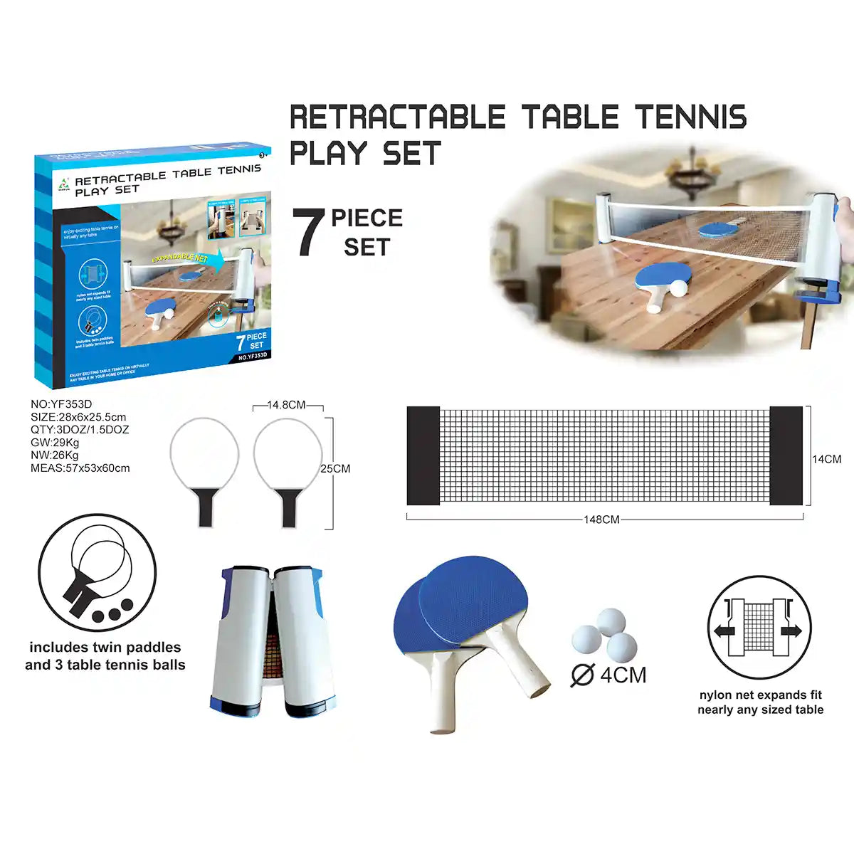Retractable Table Tennis Play Set 3yrs+