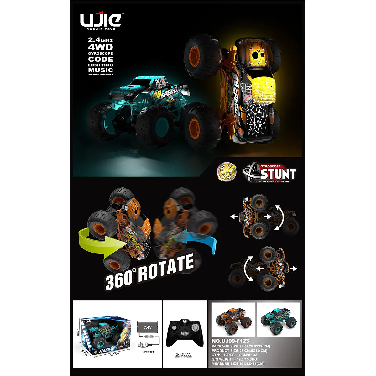 1:12 GYROSCOPE STUNT OFF-ROAD VEHICLE (STANDING STUNT -360degree rotate) 2.4G 6YRS+