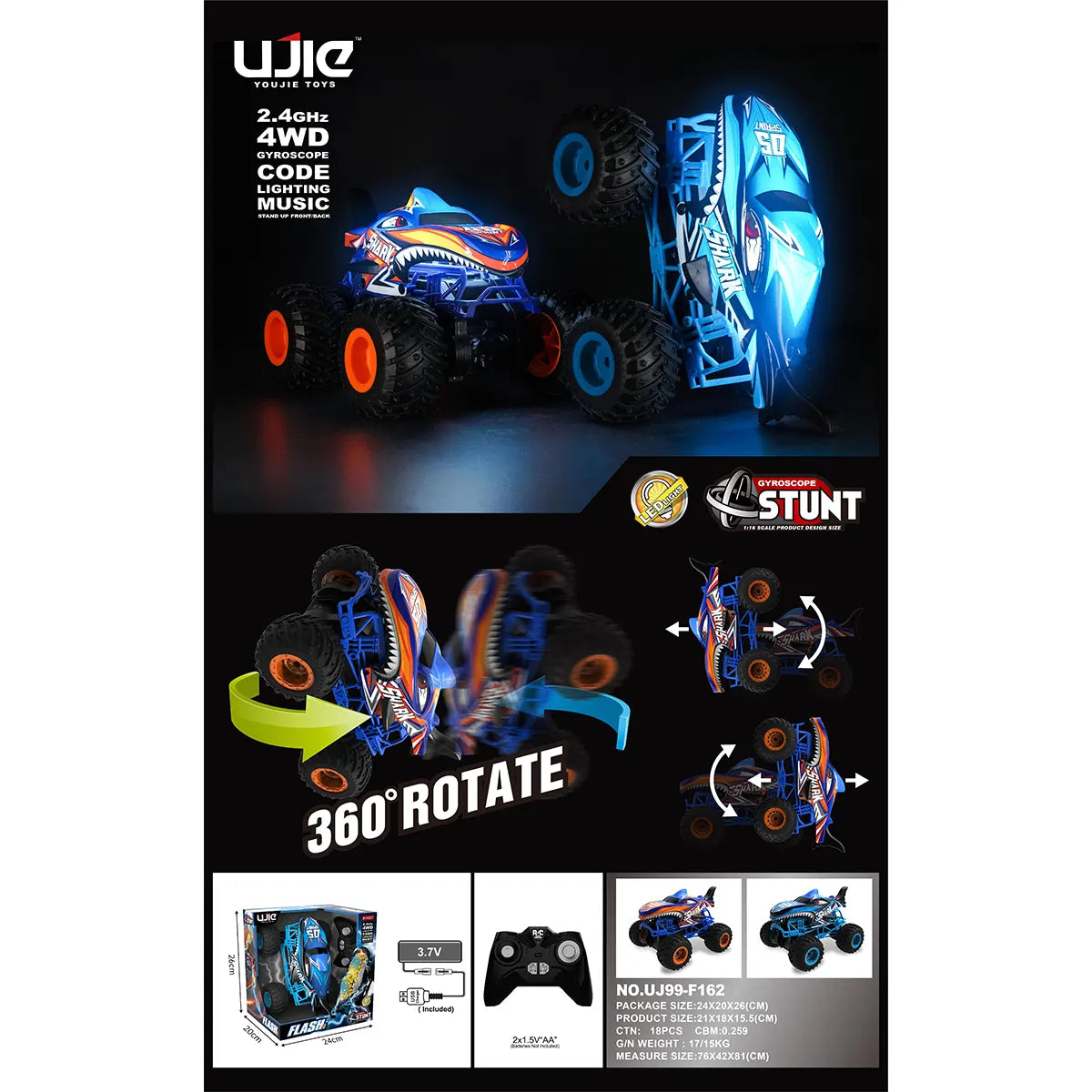 RC 1:16 Shark Gyroscope Stunt Off-Road Vehicle (Standing Stunt) 2.4g