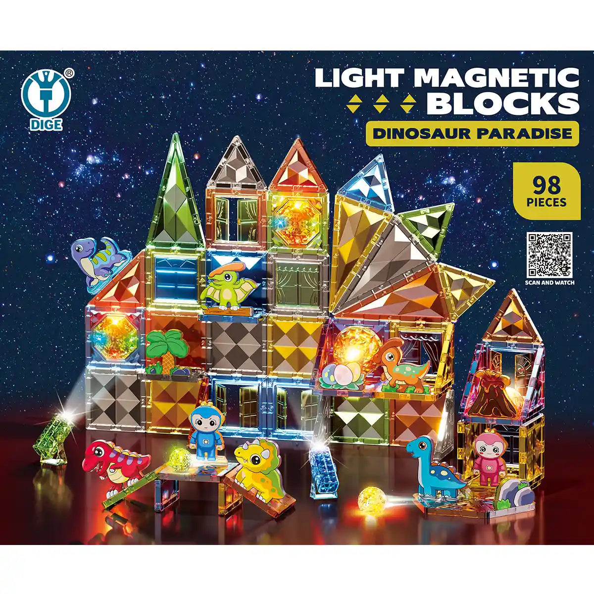Jade Diamond Magnetic Building Block Dinosaur Park (Lighting Version) 98PCS 3YRS+