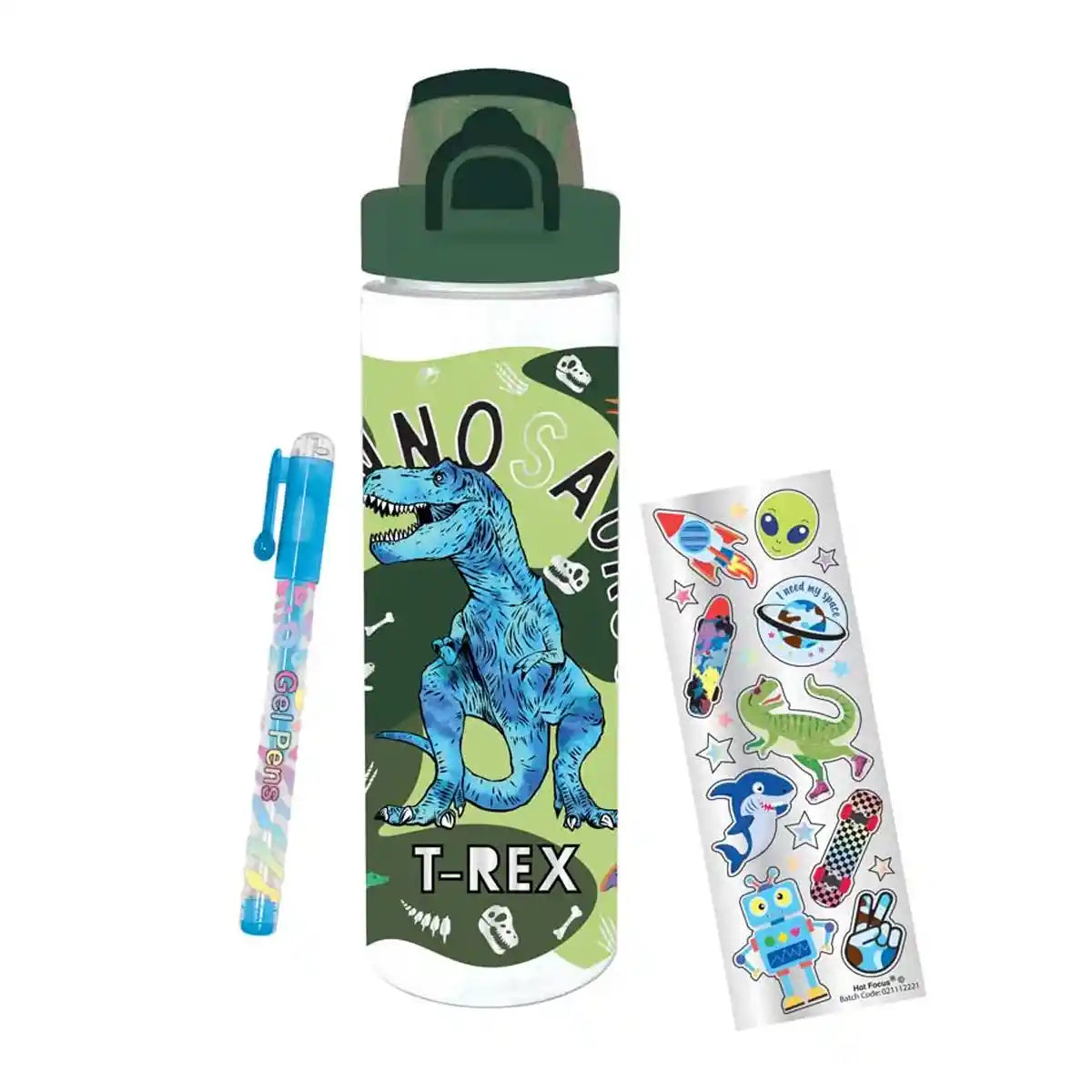 Pop Open Water Bottle w/ball point pen &amp; Sticker, Dino
