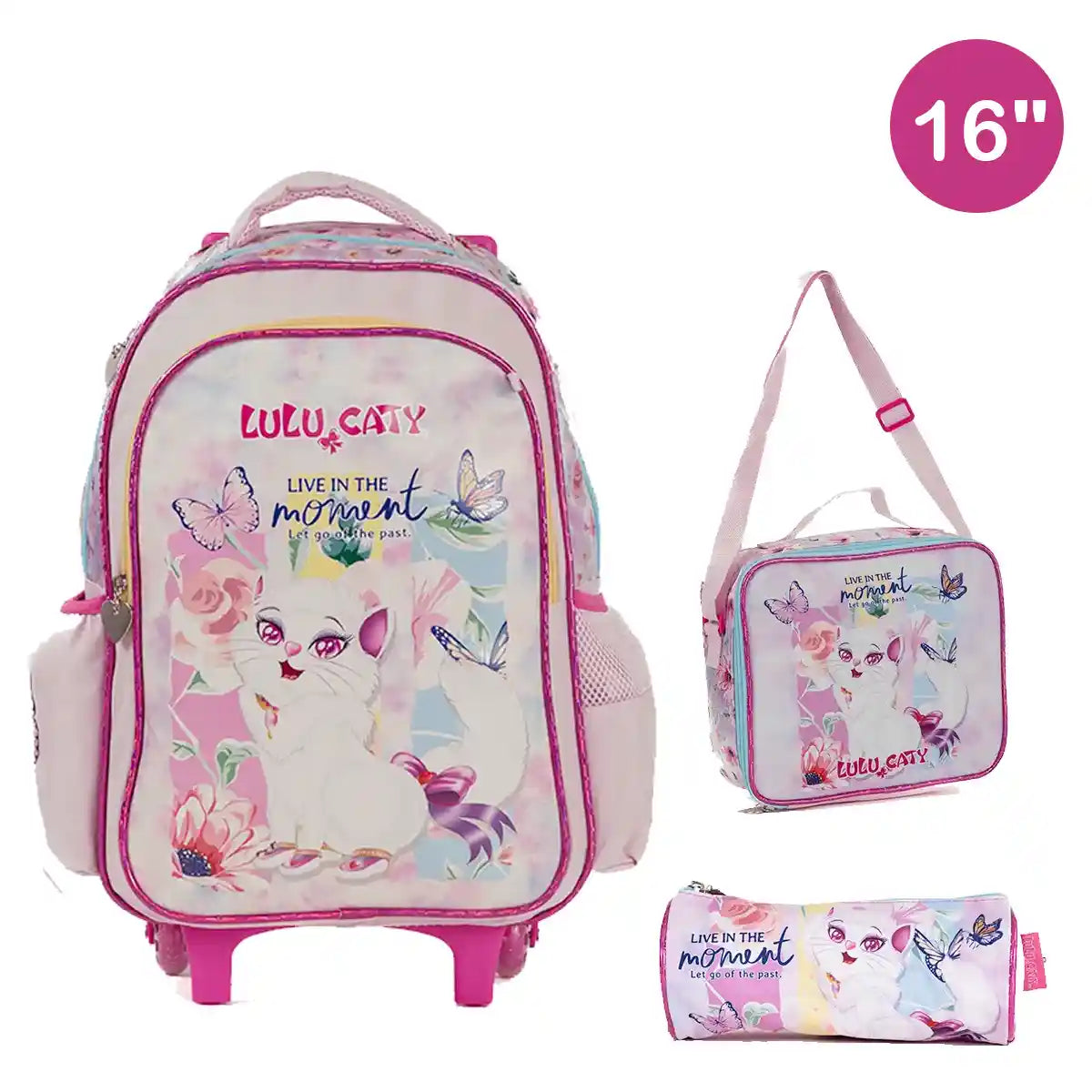 LULU CATY Trolley Bag 2 Main Compartments and 2 Side Pockets 16" W/ LUNCH BAG & PENCIL CASE - Kiddy Zone