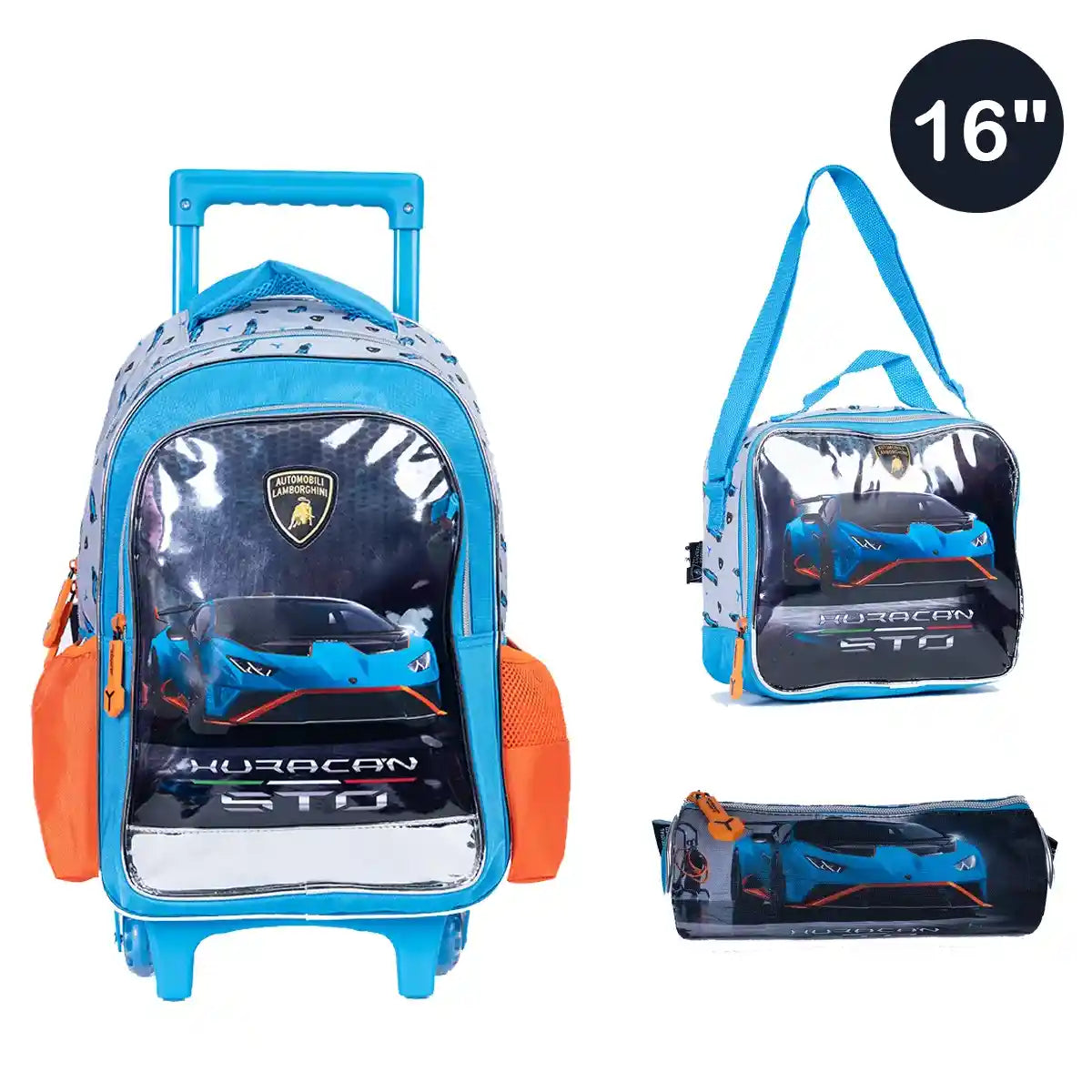 Lamborghini Trolley Bag 2 Main Compartments and 2 Side Pockets 16" W/ LUNCH BAG و مقلمة