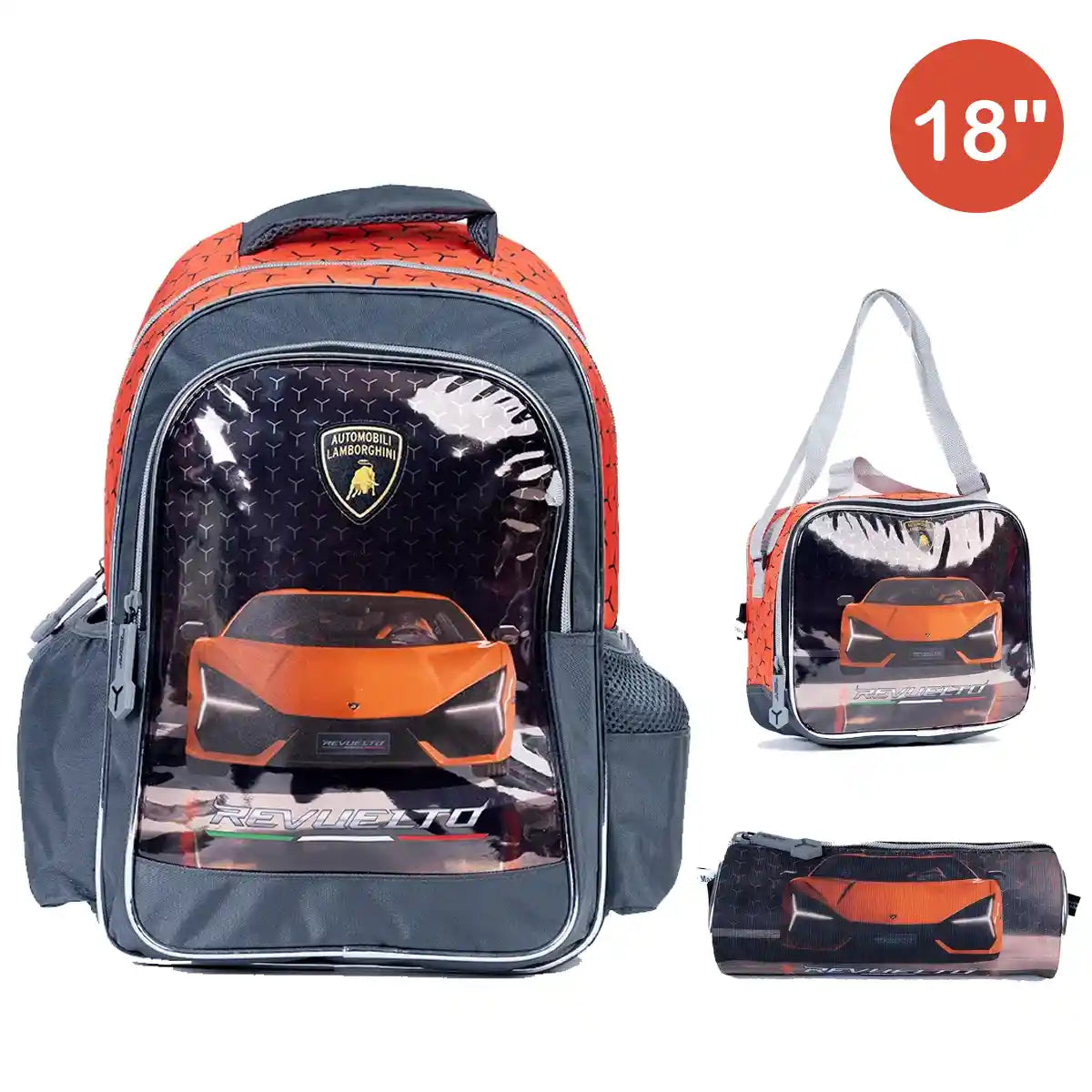 LAMBORGHINI Backpack 2 Main Compartments and 2 Side Pockets 18" W/ LUNCH BAG & PENCIL CASE