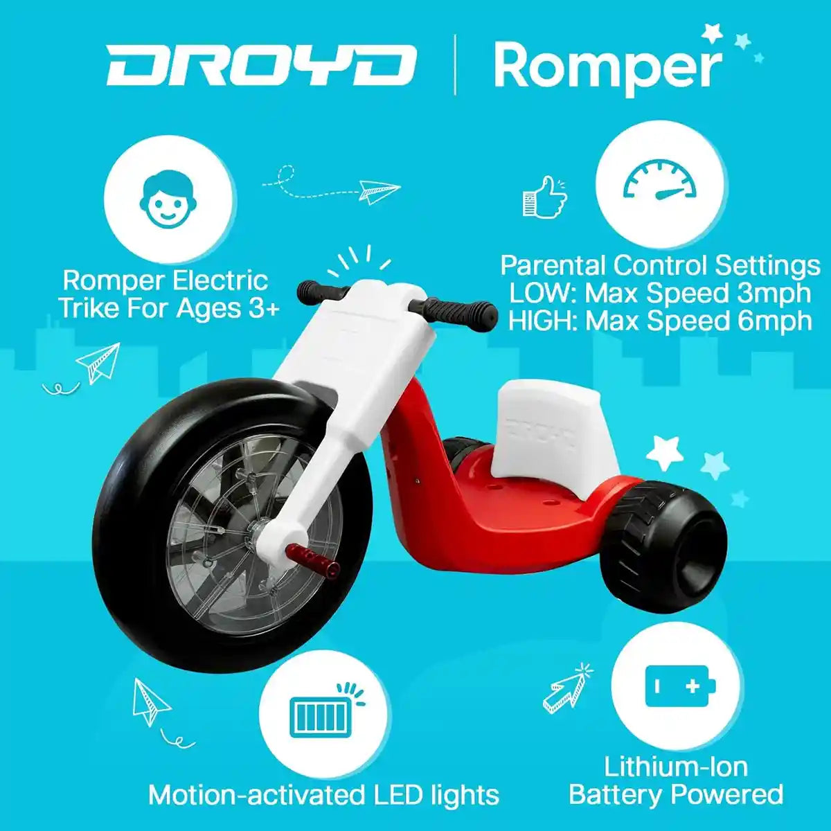 Kids Electric Tricycle, Motorized Vehicles w/ Parental Speed ​​Control, Adjustable Seat, Multi-Color LED Lights