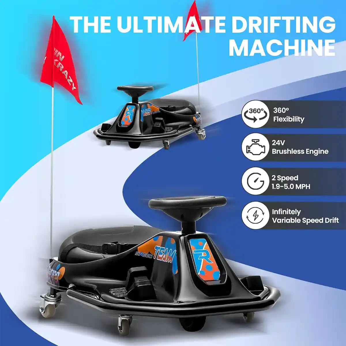 Electric Drifting Go Kart, Ride On Race Car for 3-8Yrs - High/Low Speed Switch_Black - Kiddy Zone