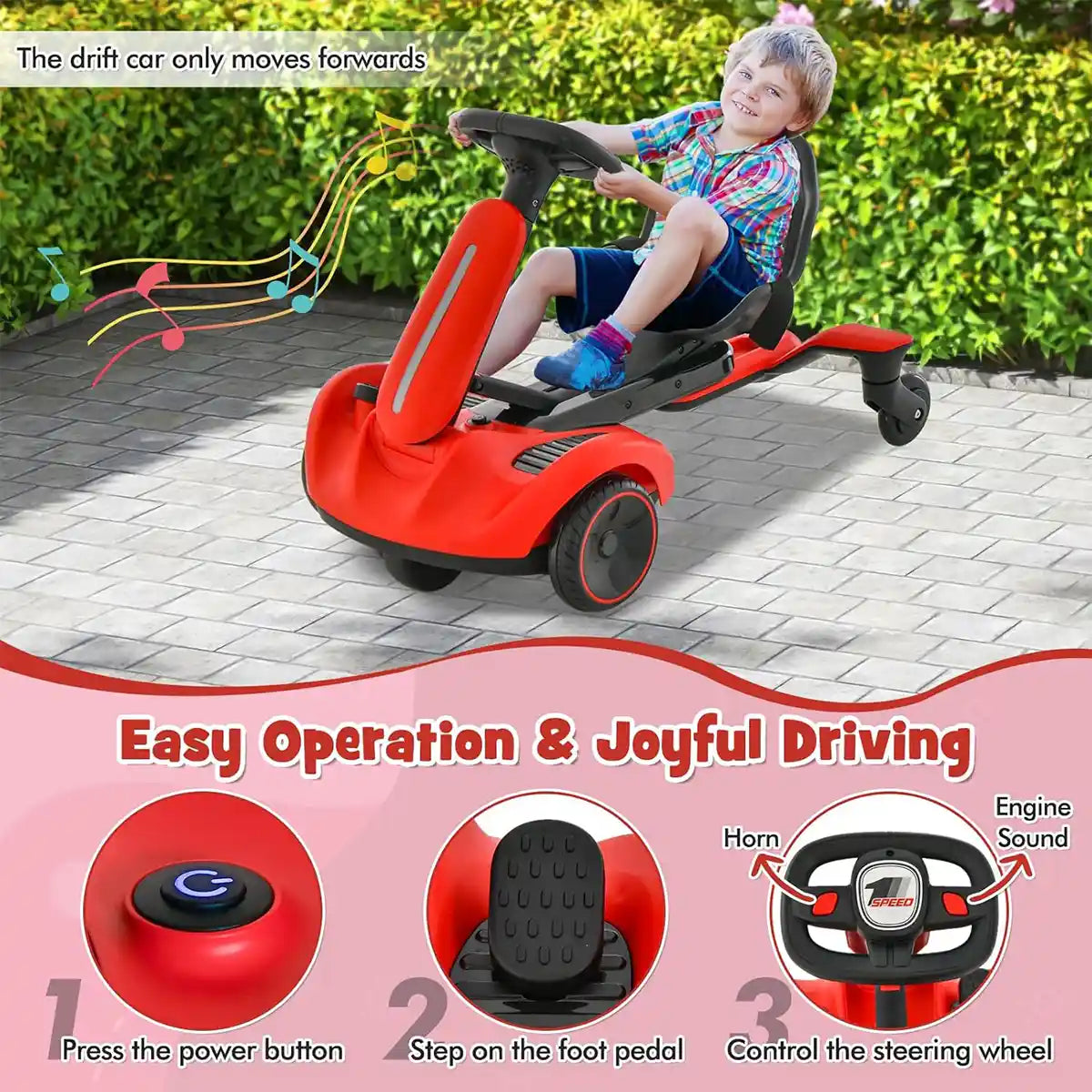 Go-Kart with 2-Way Adjustable Seat for 3Yrs+ Red - Kiddy Zone
