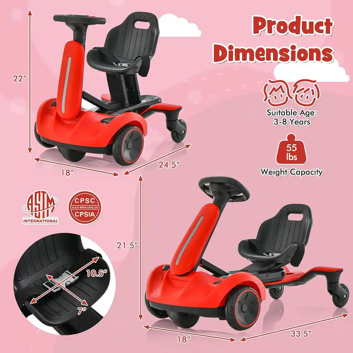 Go-Kart with 2-Way Adjustable Seat for 3Yrs+ Red - Kiddy Zone