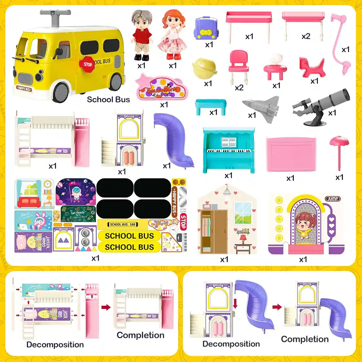 School bus with 26pcs accessories for 3yrs+