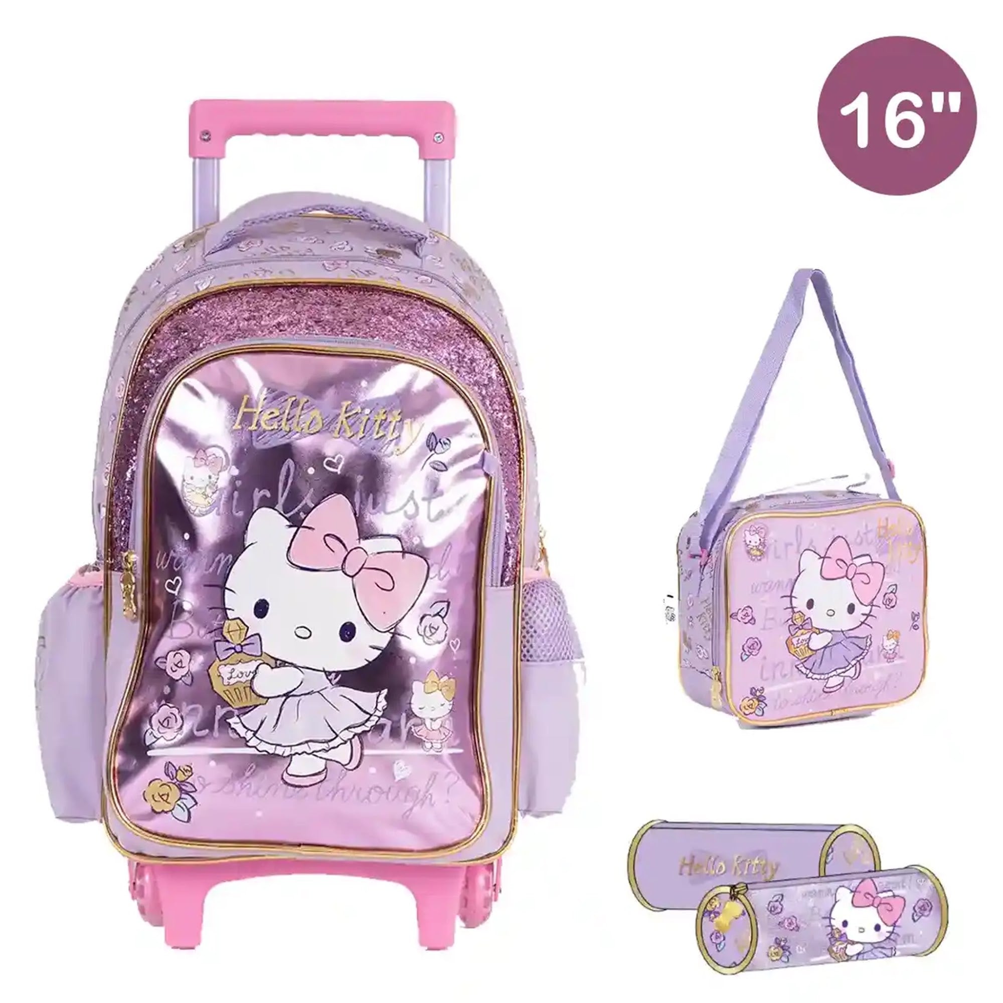 HELLO KITTY Trolley Bag 2 Main Compartments and 2 Side Pockets 16" W/ LUNCH BAG&PENCIL CASE - Kiddy Zone