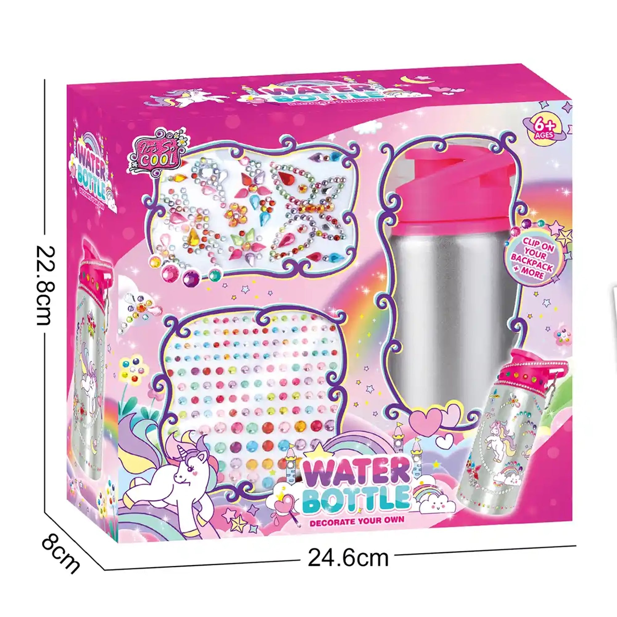 DIY DIAMOND WATER BOTTLE - UNICORN (500ML, 3 DIAMOND STICKERS, 1 SCRATCH STICKER) 6YRS+