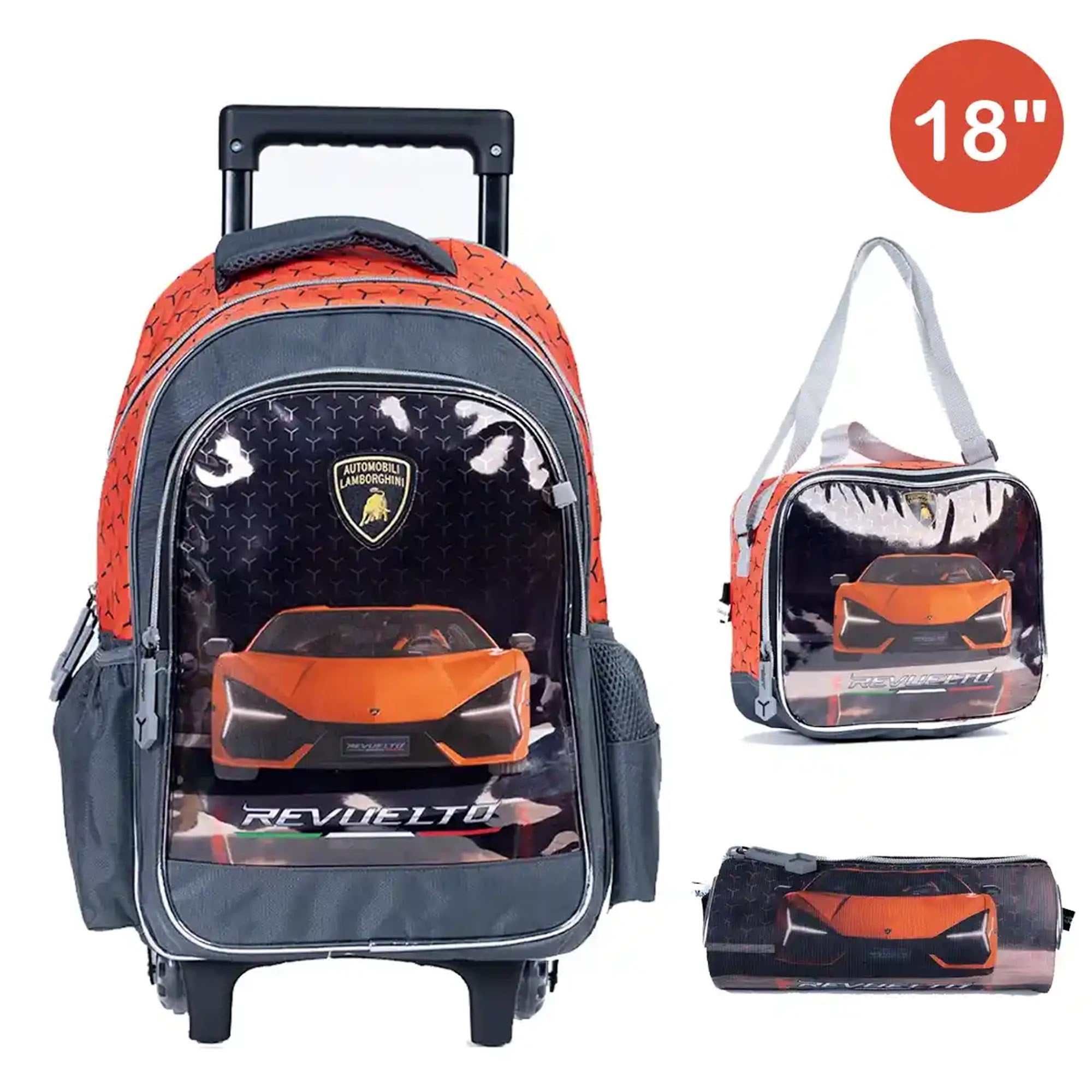 LAMBORGHINI  Trolley Bag 2 Main Compartments and 2 Side Pockets 18"  W/ LUNCH BAG&PENCIL CASE - Kiddy Zone