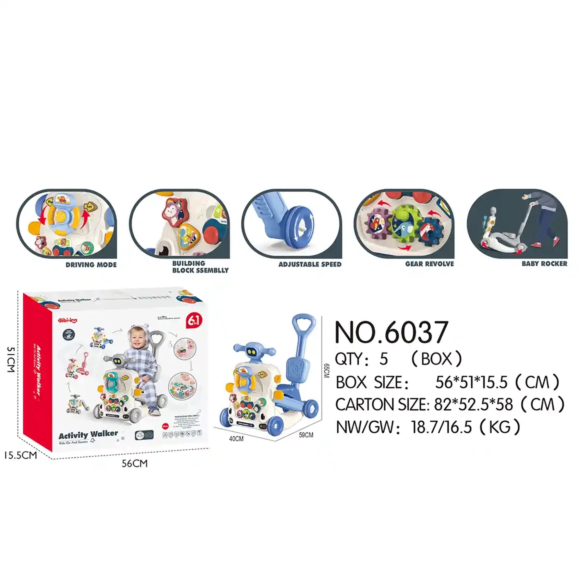 BIBI-INN MULTIFUNCTIONAL 6 in 1 ACTIVITY WALKER BLUE For 6M+