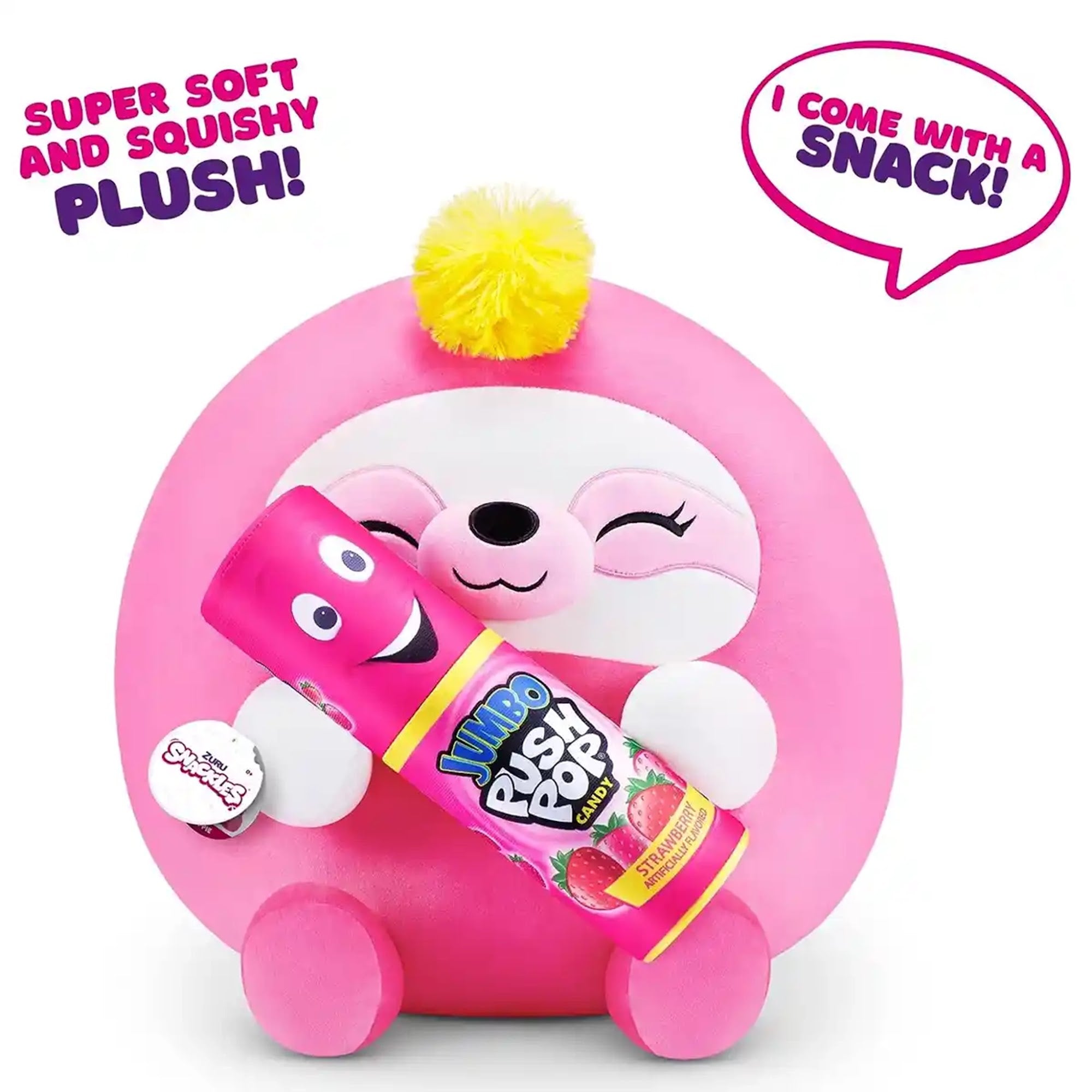 Snackles Medium - Sloth holding PLUSH Bazooka Push Pop Strawberry - Kiddy Zone