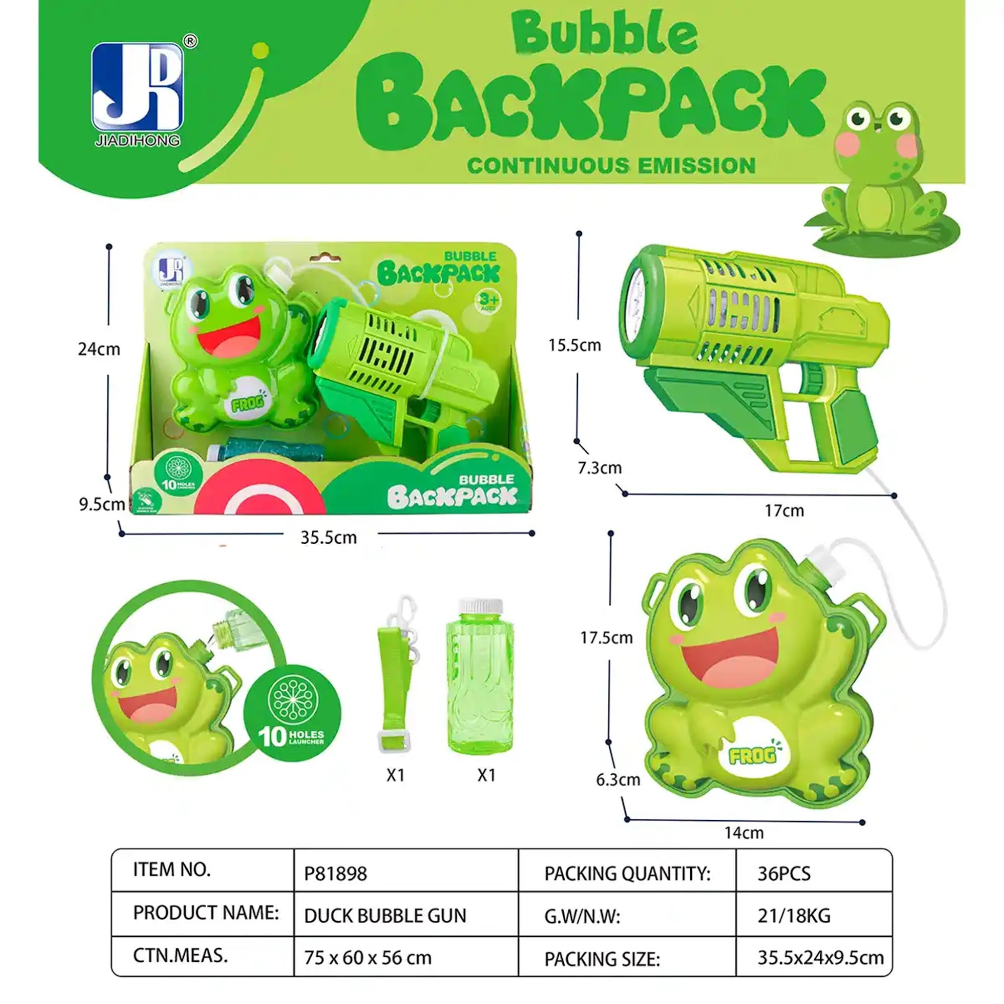 FROG BACKPACK BUBBLE GUN 3YRS+