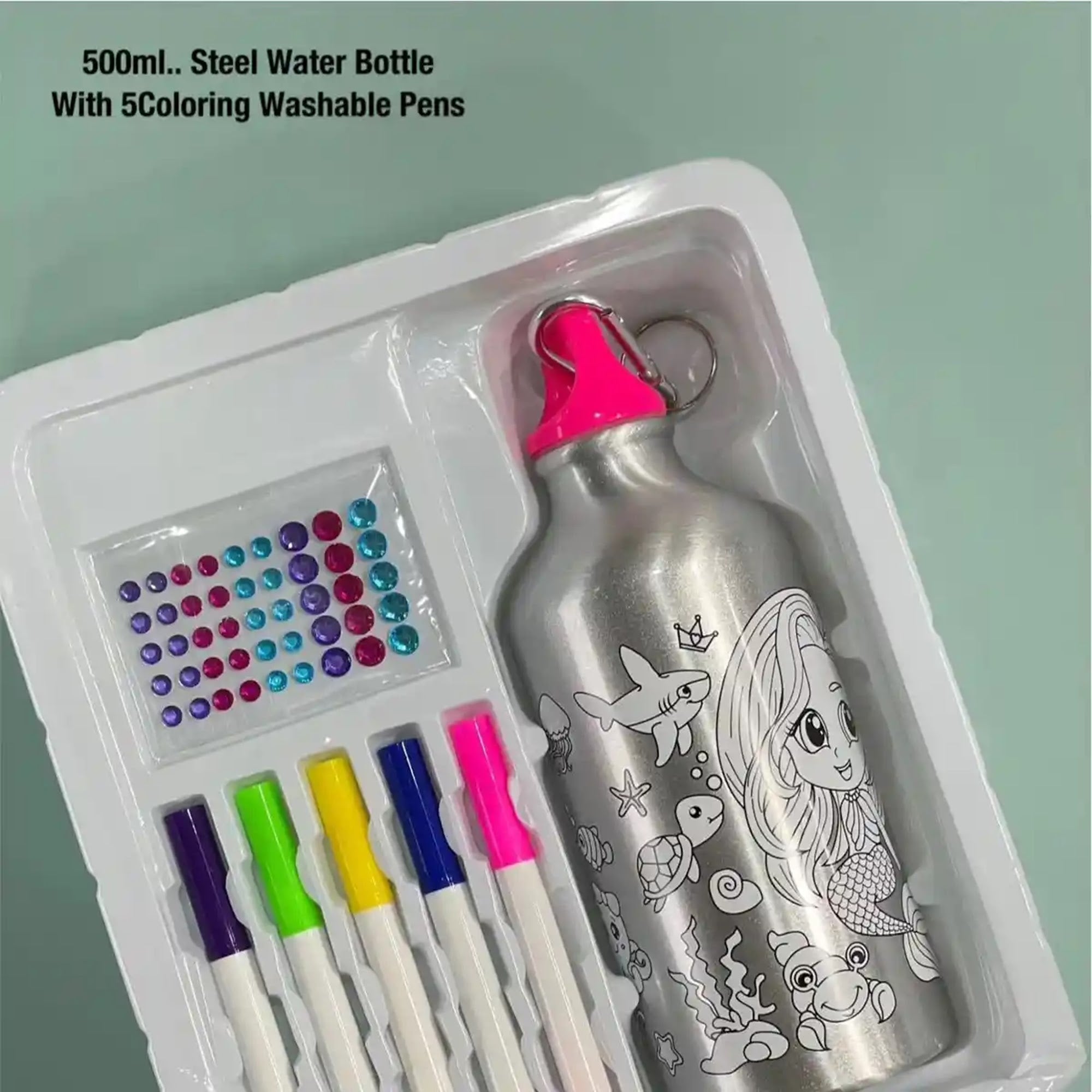 DIY MERMAID GRAFFITI WATER BOTTLE (500ML 5-COLOR WATERCOLOR PEN) 6YRS+ - Kiddy Zone