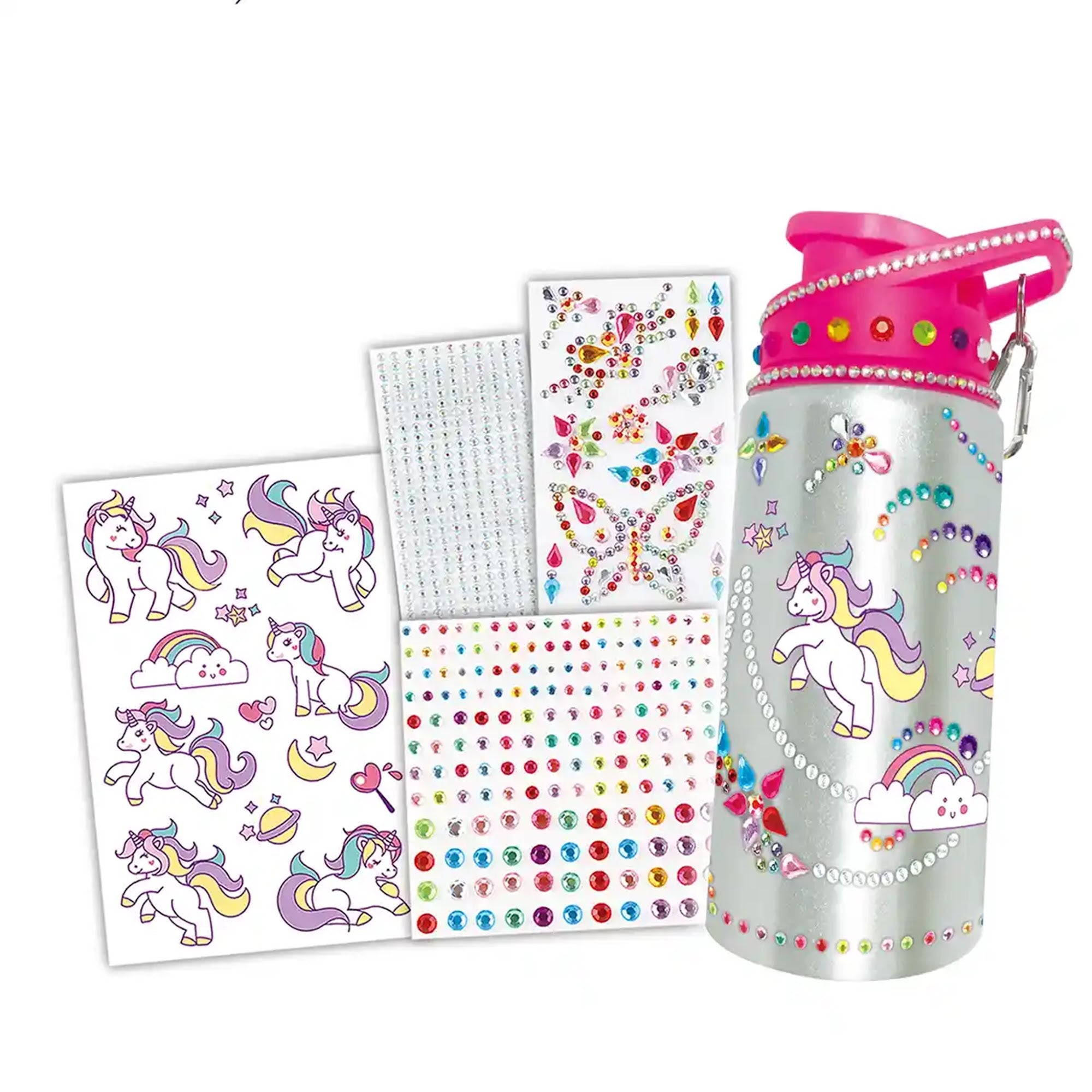 DIY DIAMOND WATER BOTTLE - UNICORN (500ML, 3 DIAMOND STICKERS, 1 SCRATCH STICKER) 6YRS+
