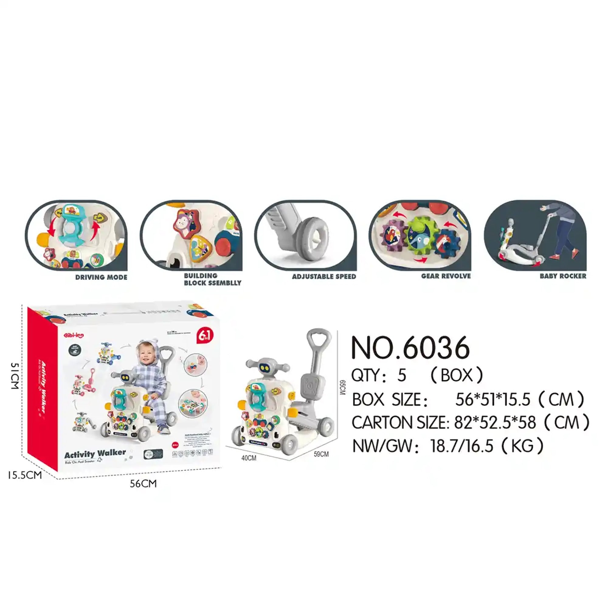 BIBI-INN MULTIFUNCTIONAL 6 in 1 ACTIVITY WALKER GREY For 6M+ - Kiddy Zone