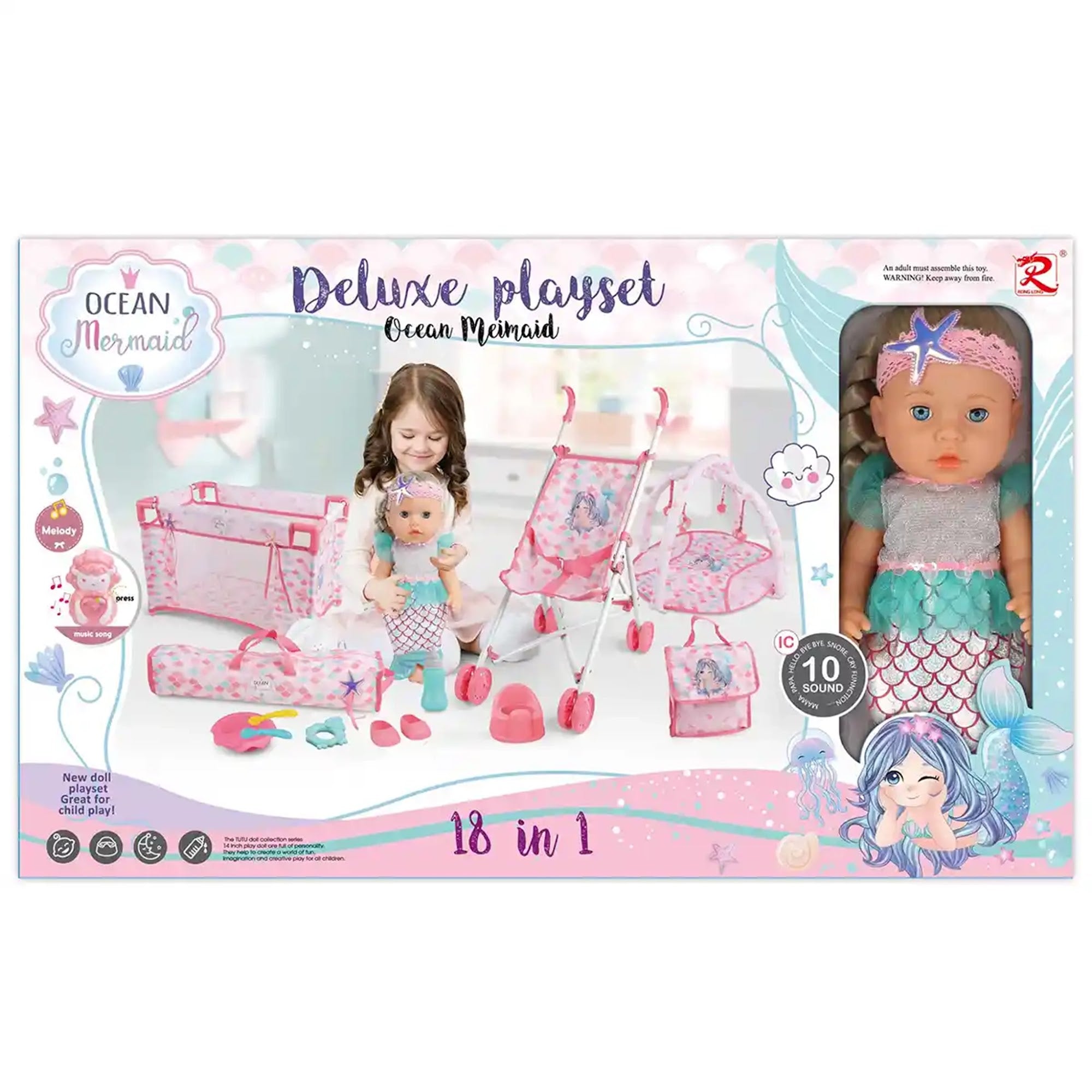 Tutu 18 in 1 Baby Doll Ocean Mermaid Playset (Pink head band) - Kiddy Zone