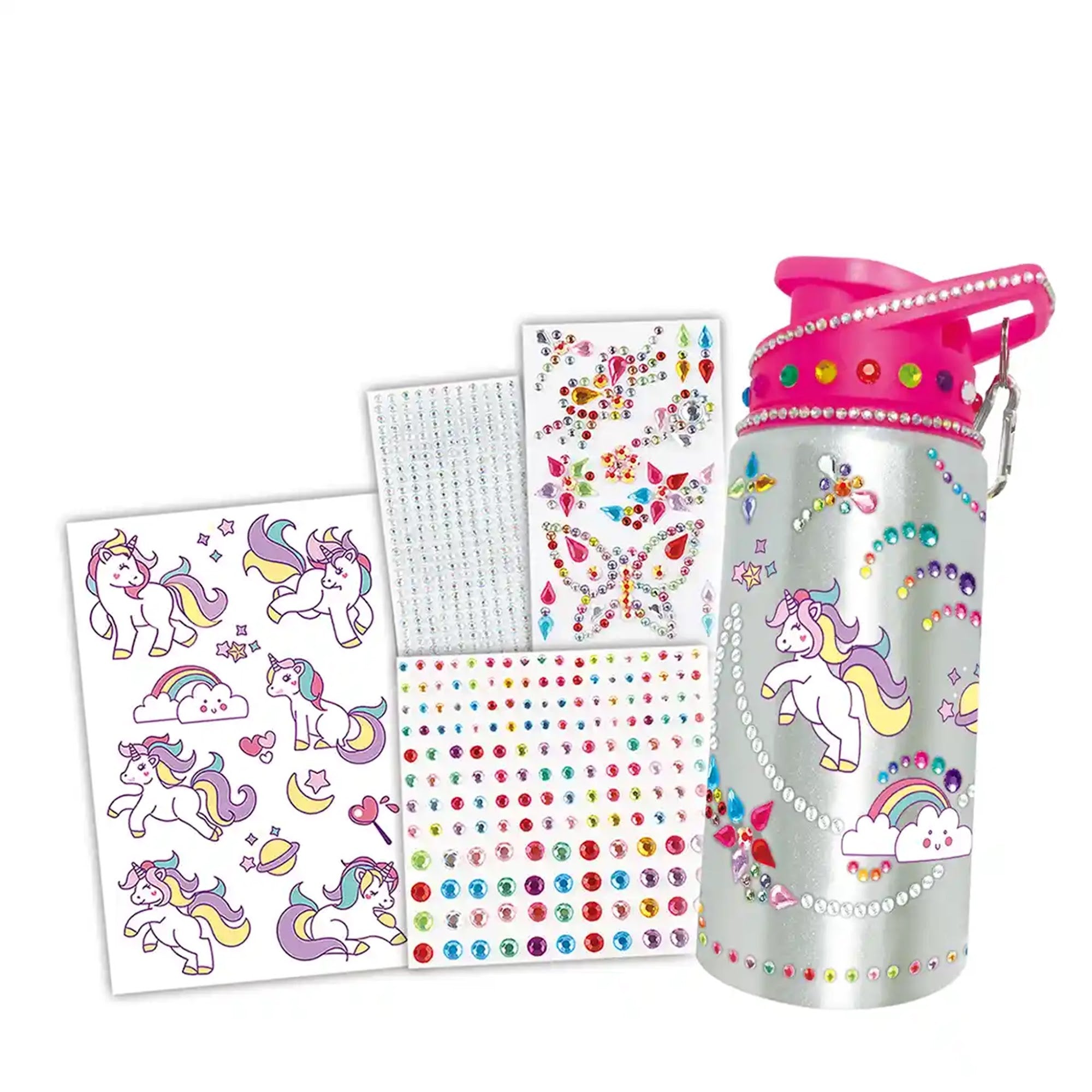 DIY DIAMOND WATER BOTTLE - UNICORN (500ML, 3 DIAMOND STICKERS, 1 SCRATCH STICKER) 6YRS+