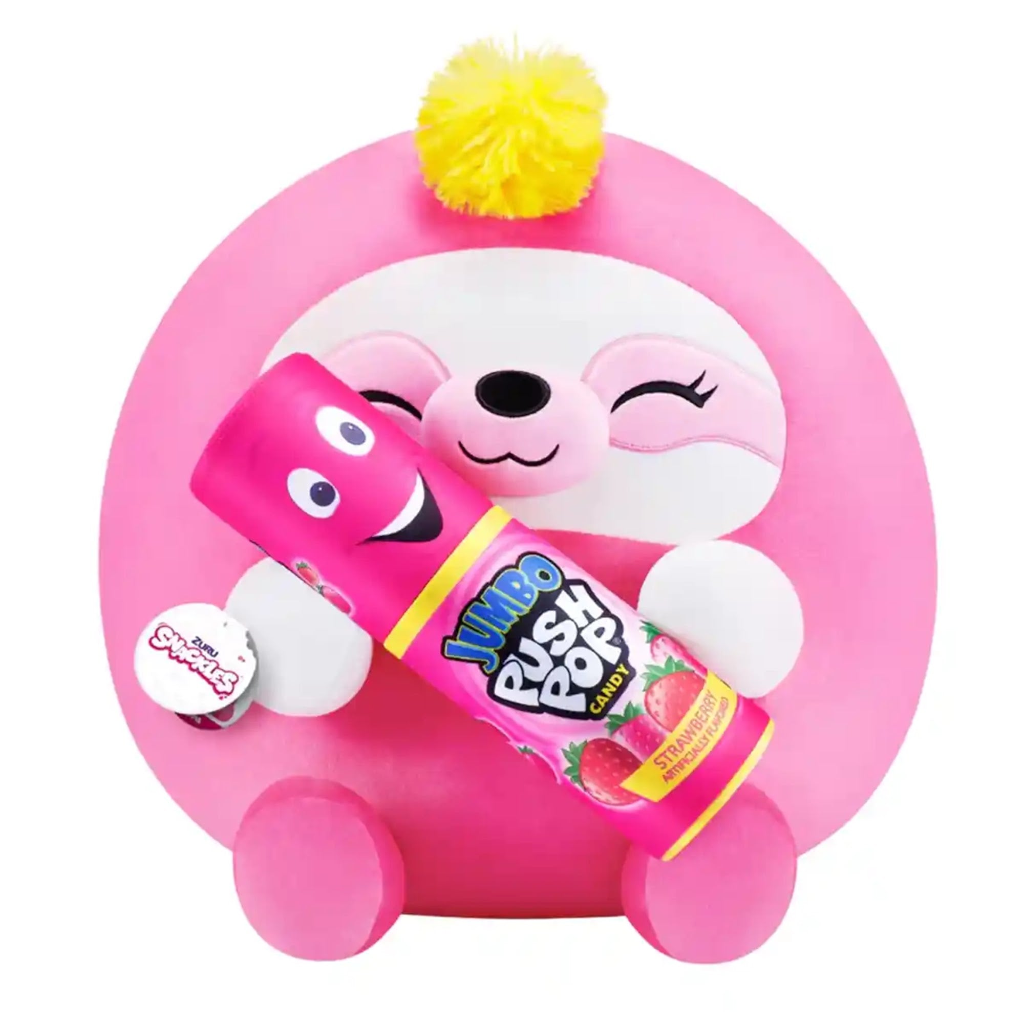 Snackles Medium - Sloth holding PLUSH Bazooka Push Pop Strawberry - Kiddy Zone