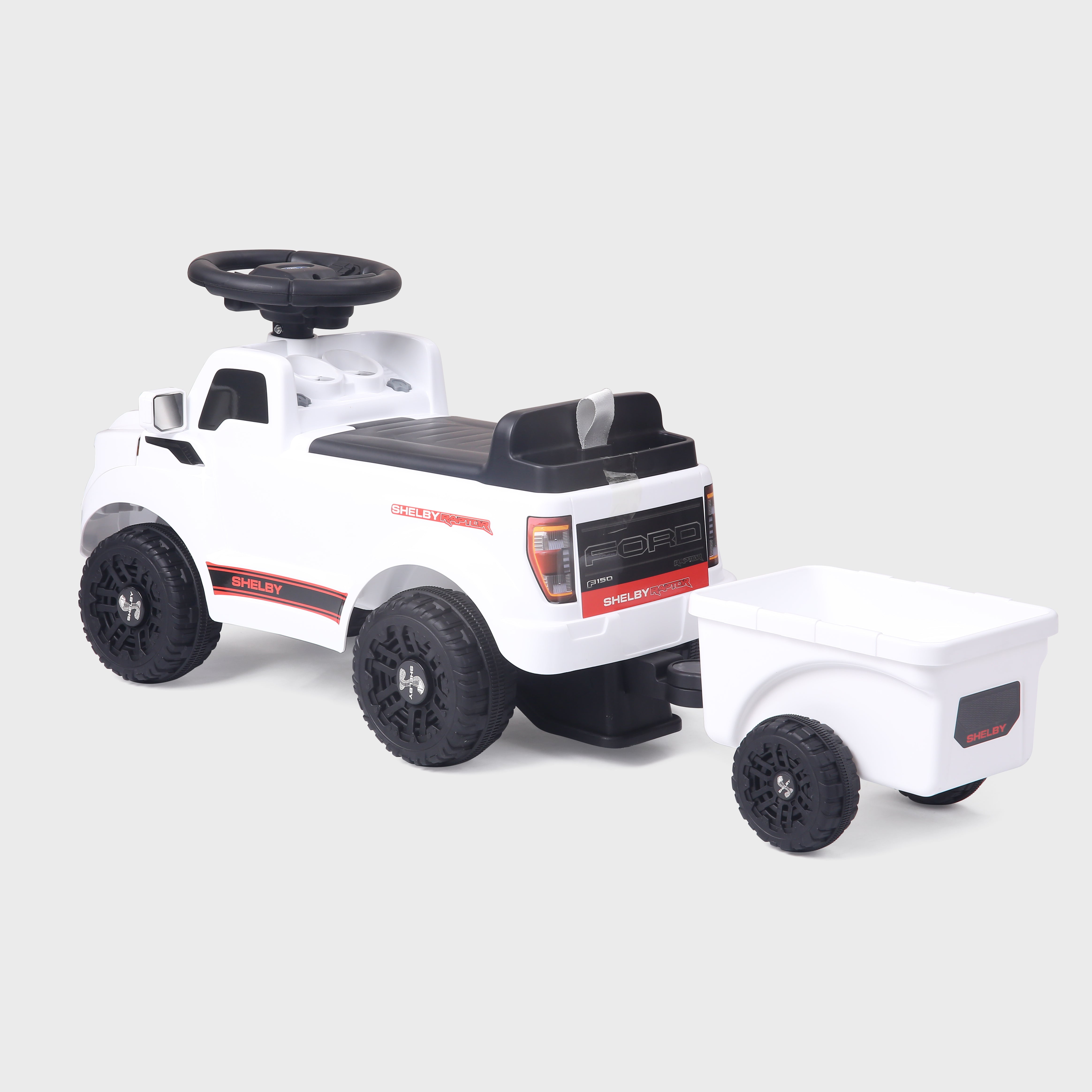 Shelby Ford F-150 Raptor Kids Foot-to-Floor Ride-On Truck with Trailer White
