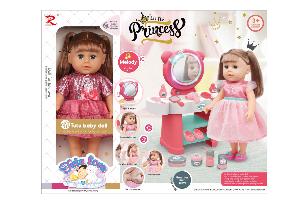 Tutu baby 14-inch Little Princess Doll shiny pink w/ Dresser & acc