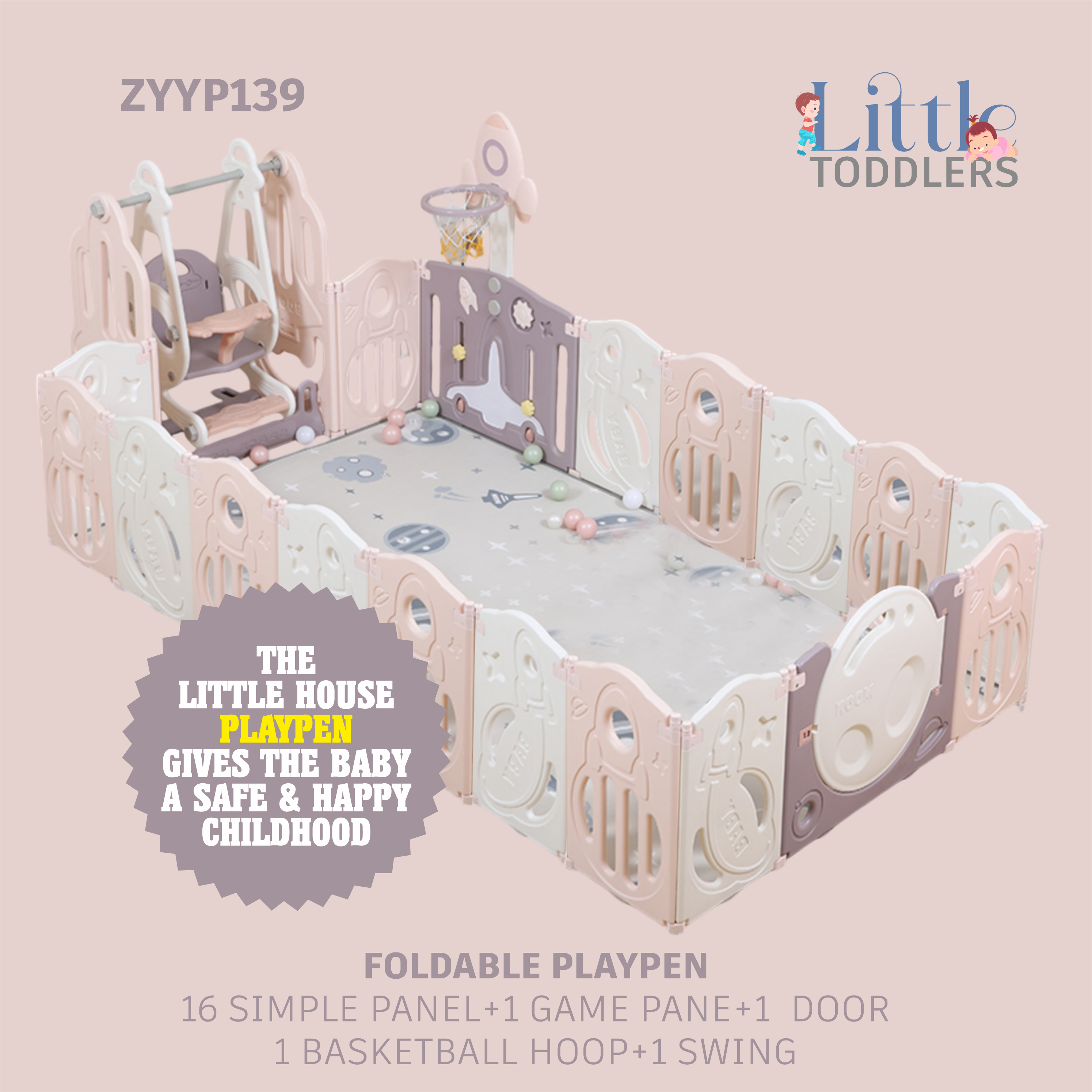 Foldable Playpen 16 Simple Panel, 1 Game Panel, 1 Door, 1 Basketball Hoop, 1 Swing