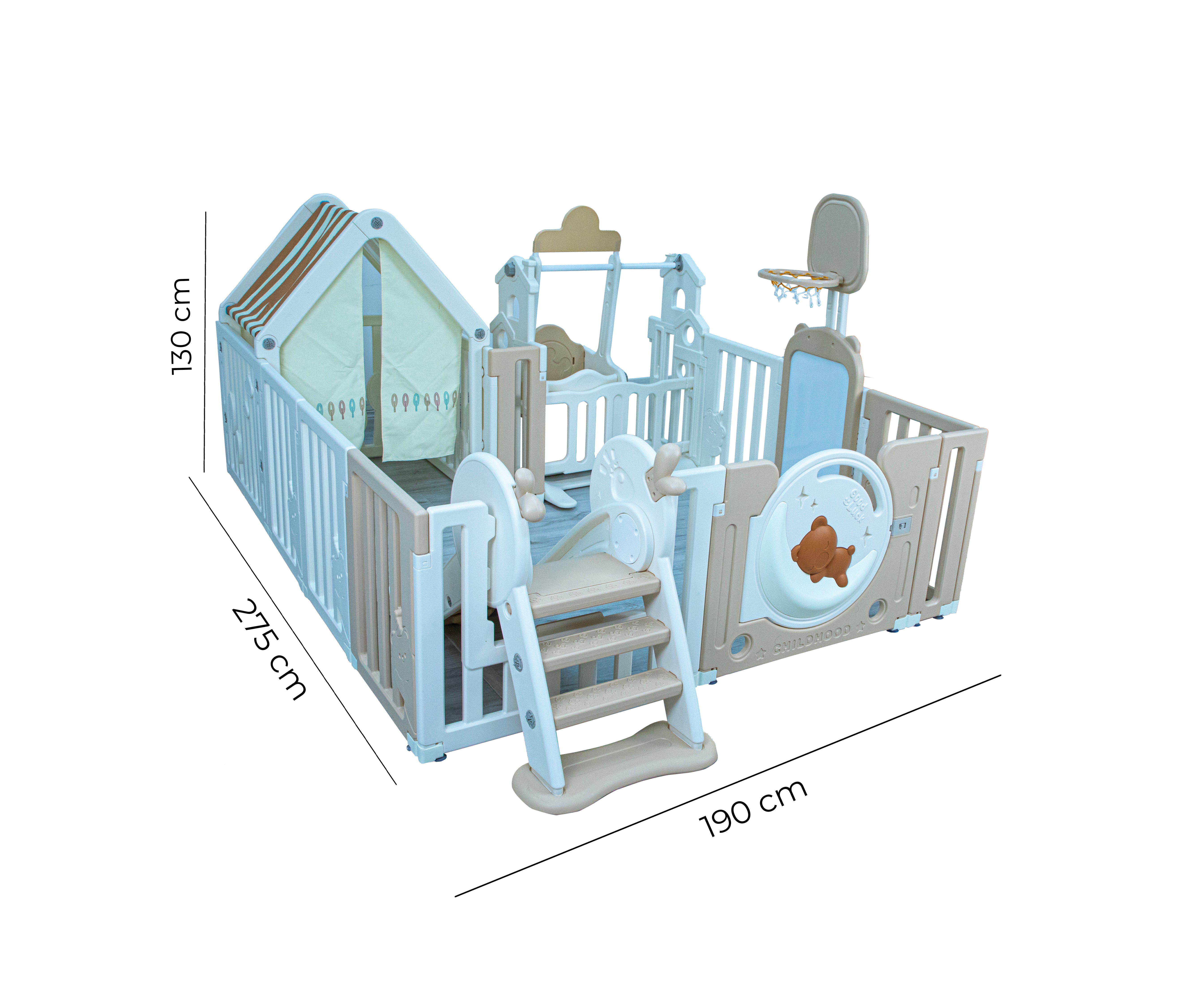 Little Toddler Bear Moon Playpen (No Mat), Drawing Board, Basketball Hoop, Small House, Swing - Slide, White - Biege